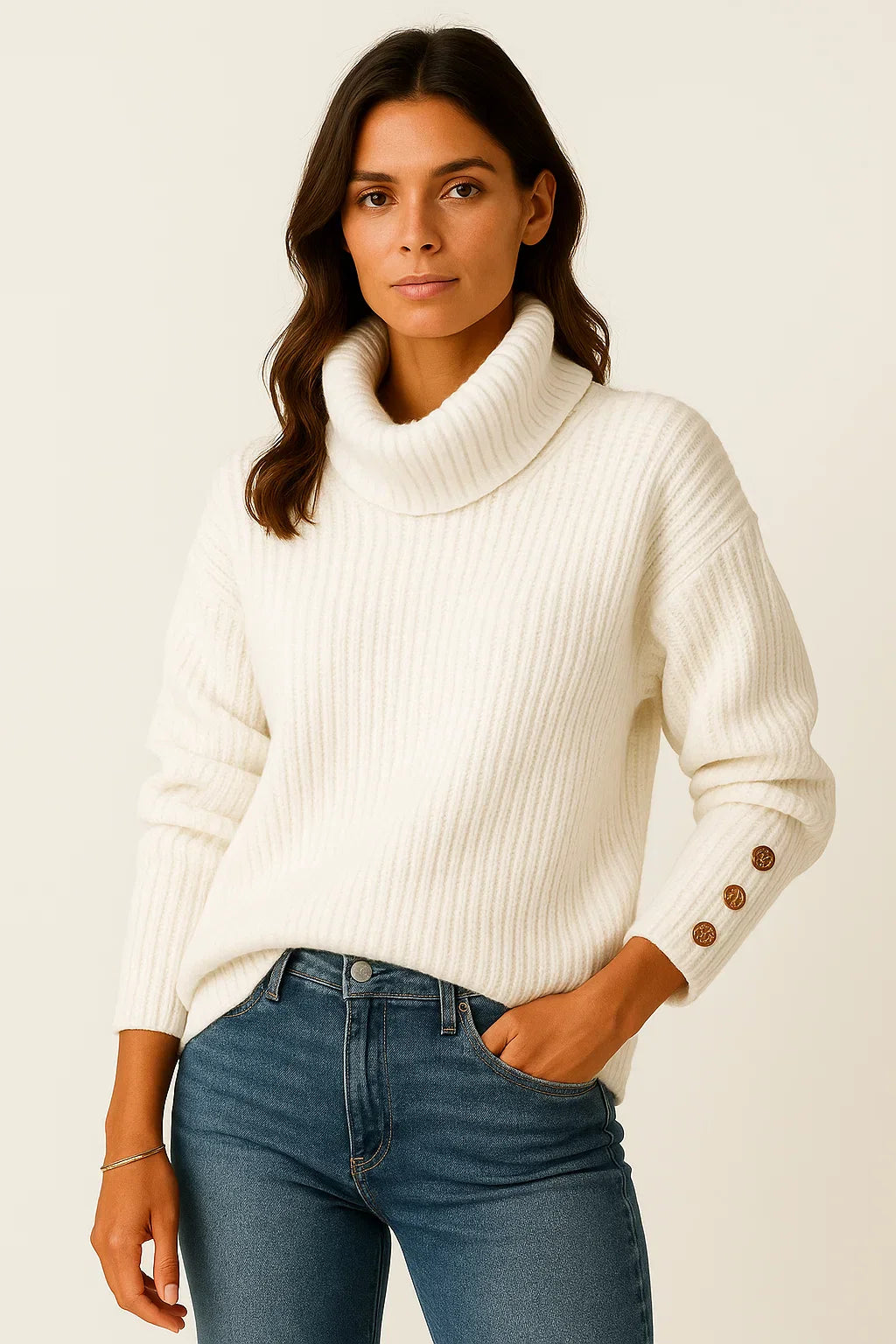 Maglione Collo Alto Rigato | Dettaglio Bottoni | Fit Comodo