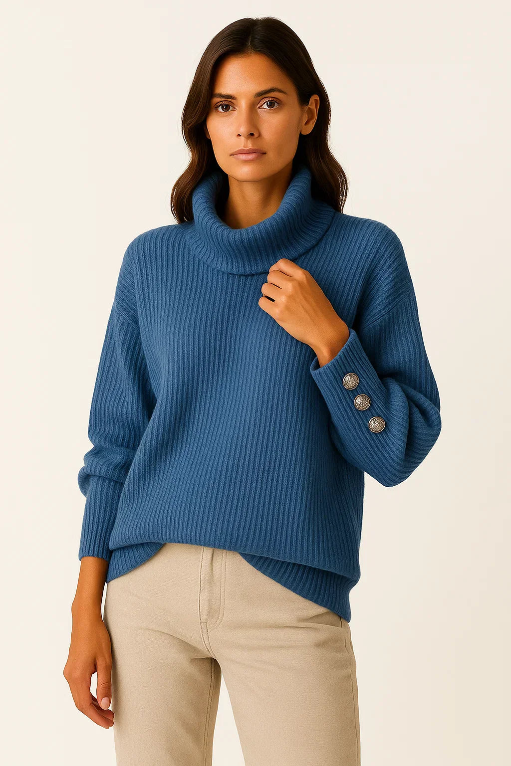 Maglione Collo Alto Rigato | Dettaglio Bottoni | Fit Comodo