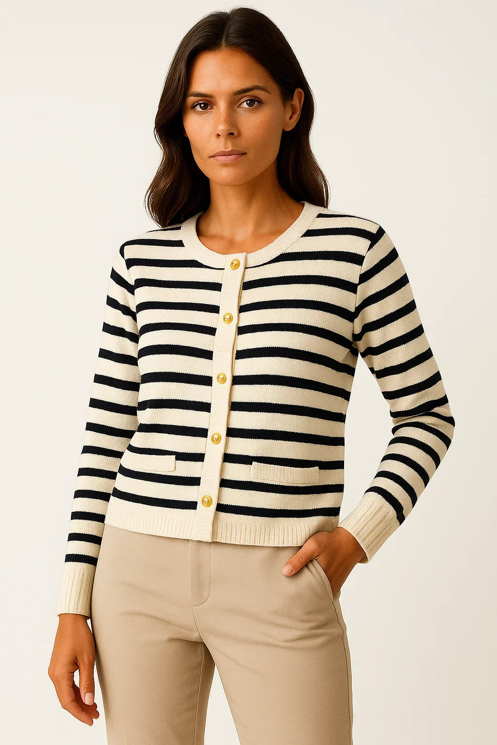 Cardigan striato morbido con dettagli oro