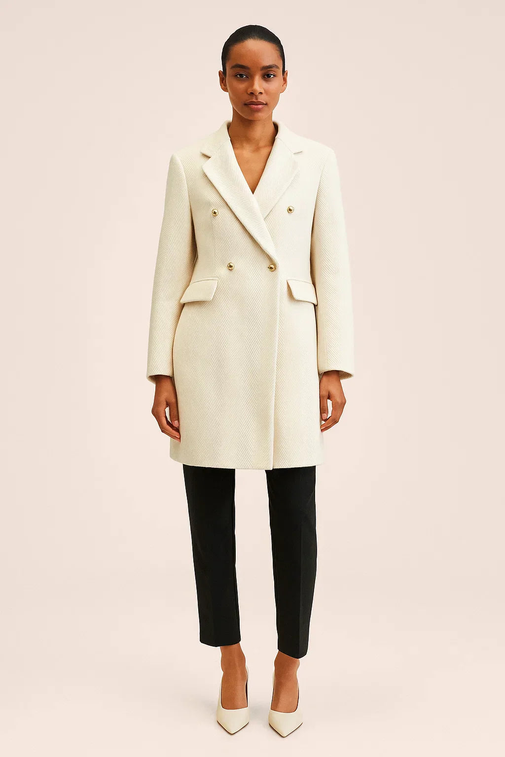 Cappotto Lungo Misto Lana | Tessuto Chevron | Doppio Petto Bottoni Oro