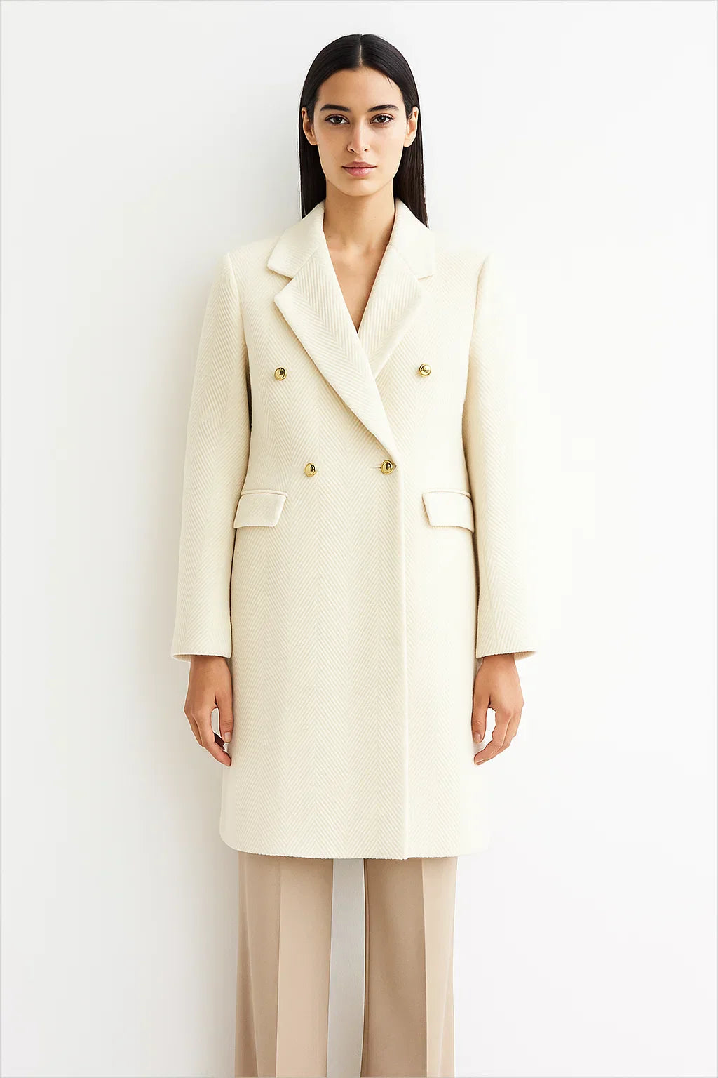 Cappotto Lungo Misto Lana | Tessuto Chevron | Doppio Petto Bottoni Oro