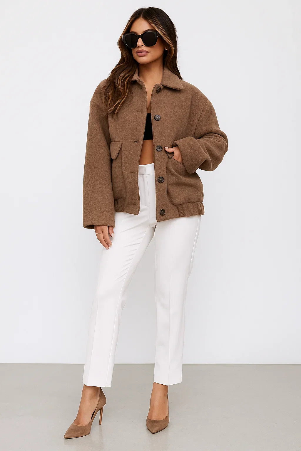 Giacca Cropped in Misto Lana | Orlo Elastico | Abbottonatura Singola