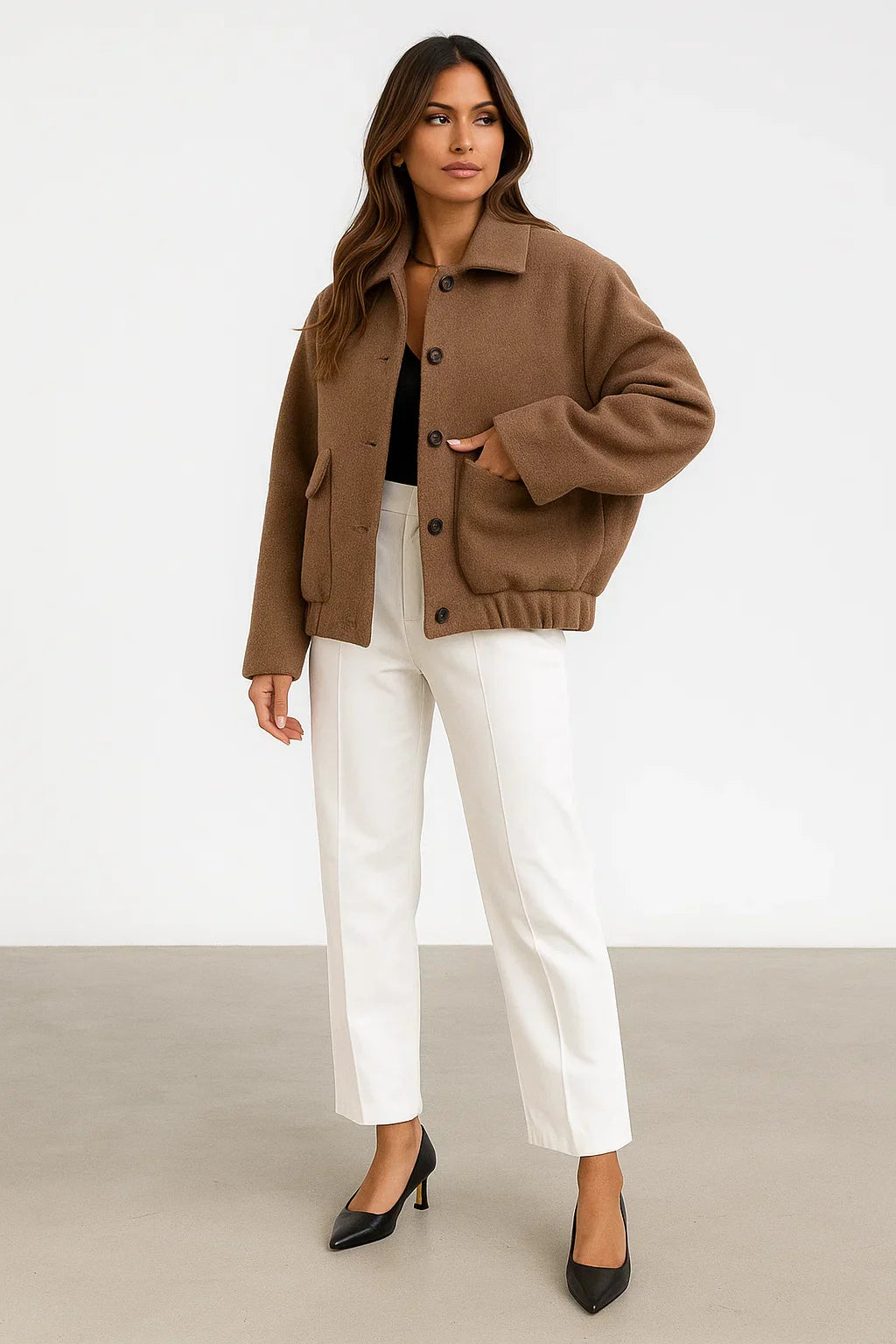 Giacca Cropped in Misto Lana | Orlo Elastico | Abbottonatura Singola