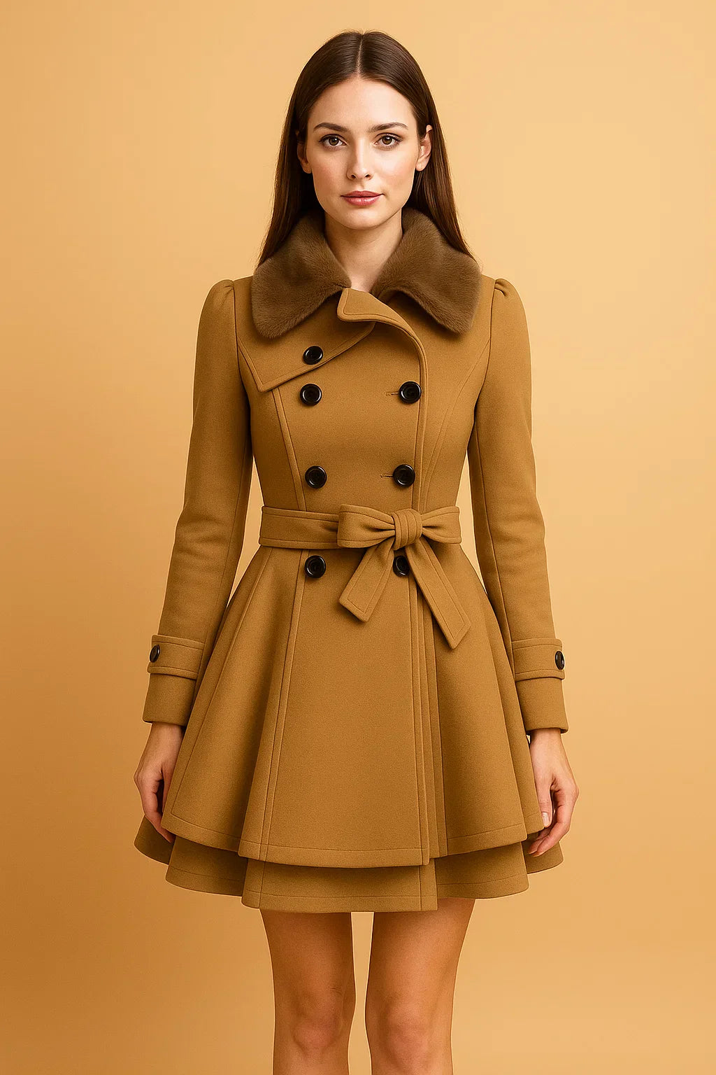 Cappotto A-Linea Beltato Ombra | Collo in Pelliccia Sintetica