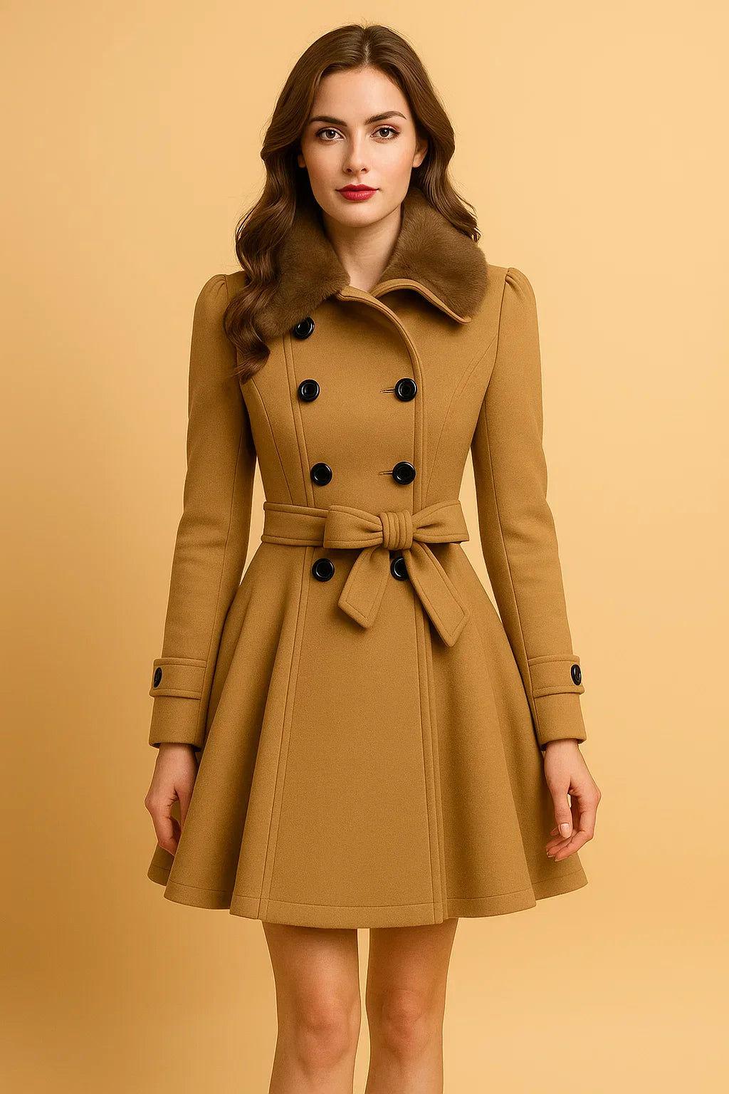 Cappotto A-Linea Beltato Ombra | Collo in Pelliccia Sintetica