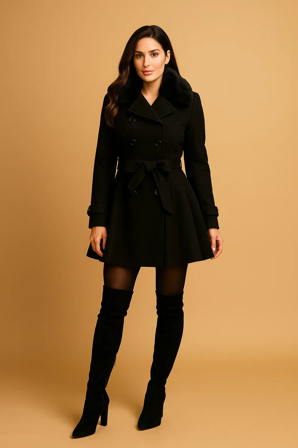 Cappotto A-Linea Beltato Ombra | Collo in Pelliccia Sintetica