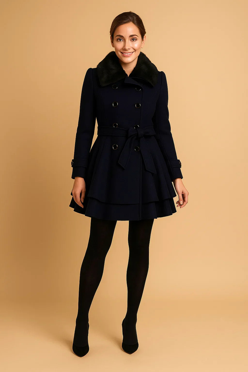 Cappotto A-Linea Beltato Ombra | Collo in Pelliccia Sintetica
