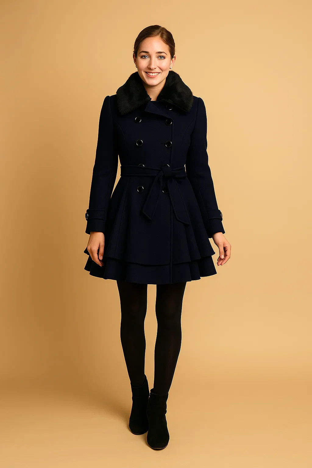 Cappotto A-Linea Beltato Ombra | Collo in Pelliccia Sintetica