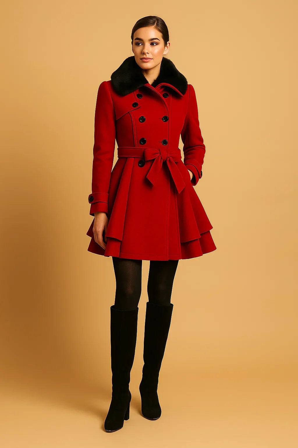 Cappotto A-Linea Beltato Ombra | Collo in Pelliccia Sintetica
