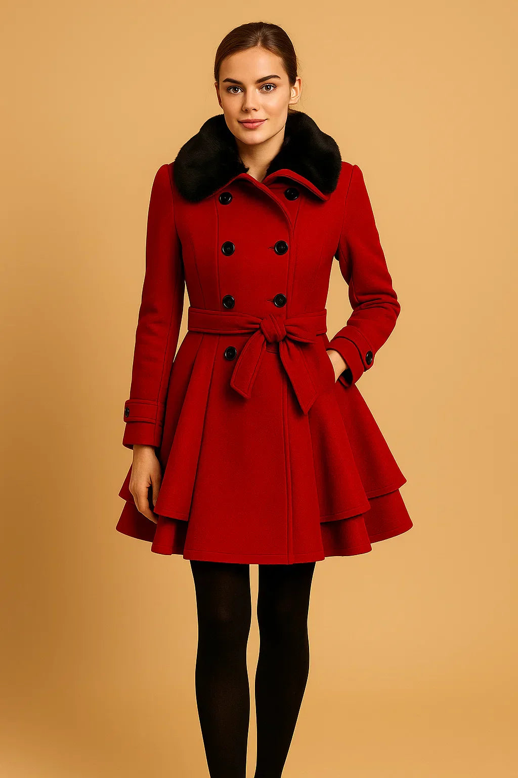 Cappotto A-Linea Beltato Ombra | Collo in Pelliccia Sintetica