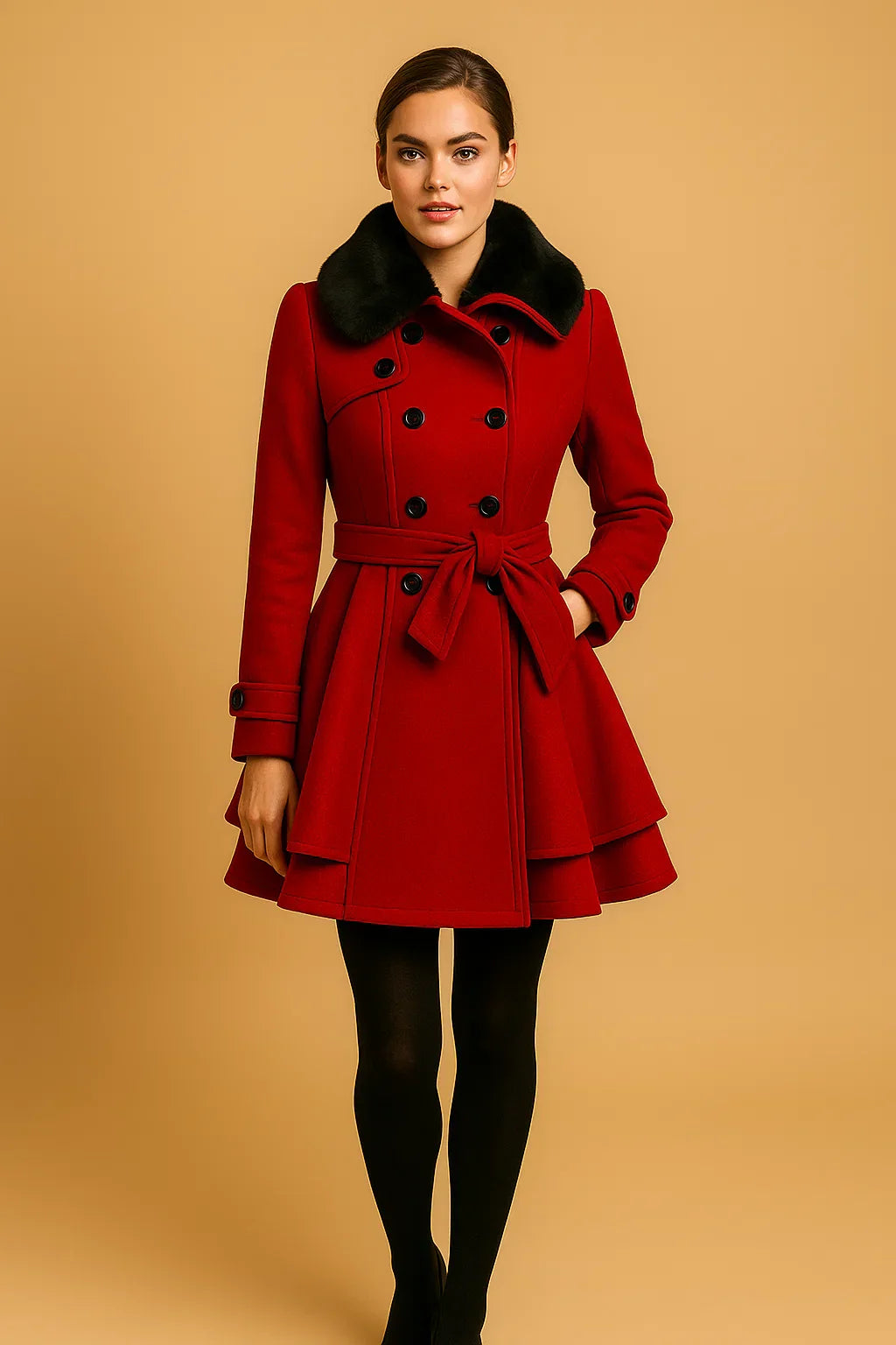 Cappotto A-Linea Beltato Ombra | Collo in Pelliccia Sintetica