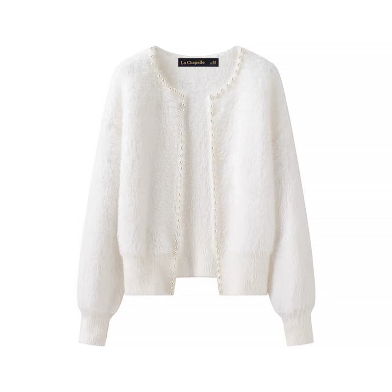 Cardigan Effetto Mink | Dettagli in Perle | Aperto