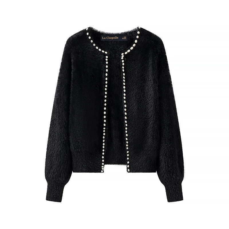 Cardigan Effetto Mink | Dettagli in Perle | Aperto
