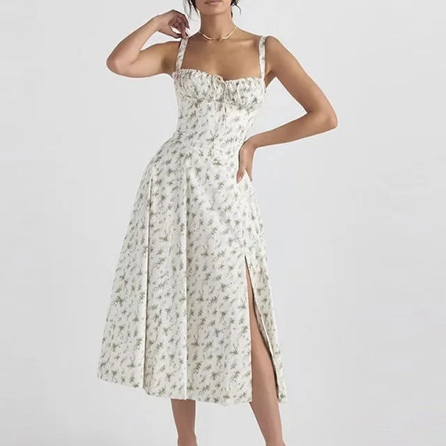 Abito Midi Floreale Corsetto | Scollo a Cuore, Gonna con Spacco, Spaghetti