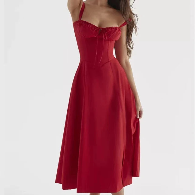 Abito Midi Floreale Corsetto | Scollo a Cuore, Gonna con Spacco, Spaghetti